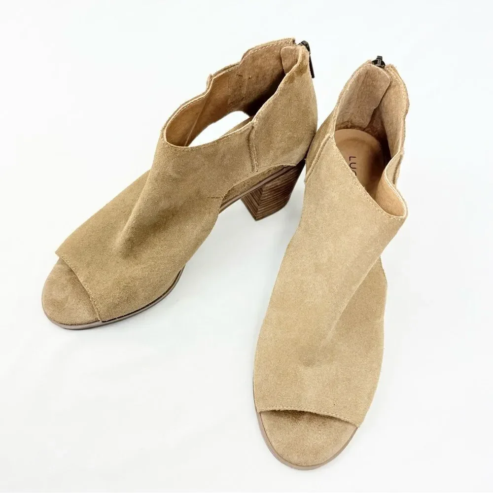 Lucky Brand KEIGHT Tan Suede Keyhole Open Toe Block Heel Ankle Sandal Bootie